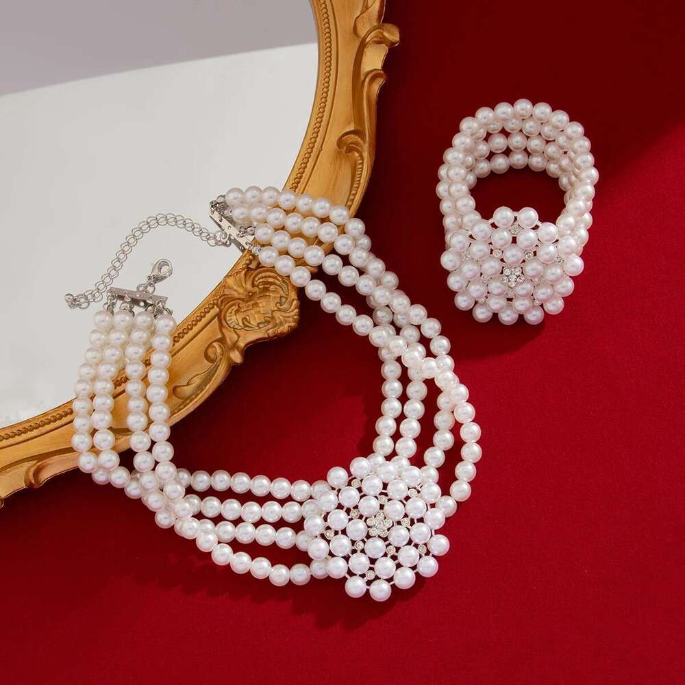 Ingemark 2Pcs Elegant Multilayer Imitation Pearl Chain Necklace Bracelet Women Wed Bridal Flower Choker Aesthetic Jewelry Set