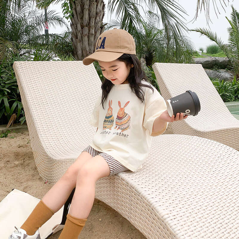 2025 Summer New Girl's Little Rabbit Cartoon Printed Short T-Shirt, Children's Baby Fashionable Half Sleeve Top Trend