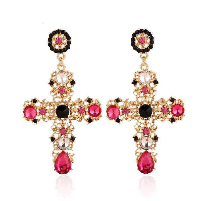 New Arrival Vintage Black Pink Crystal Cross Drop For Women Baroque Bohemian Large Long Earrings Jewelry Brincos 2023