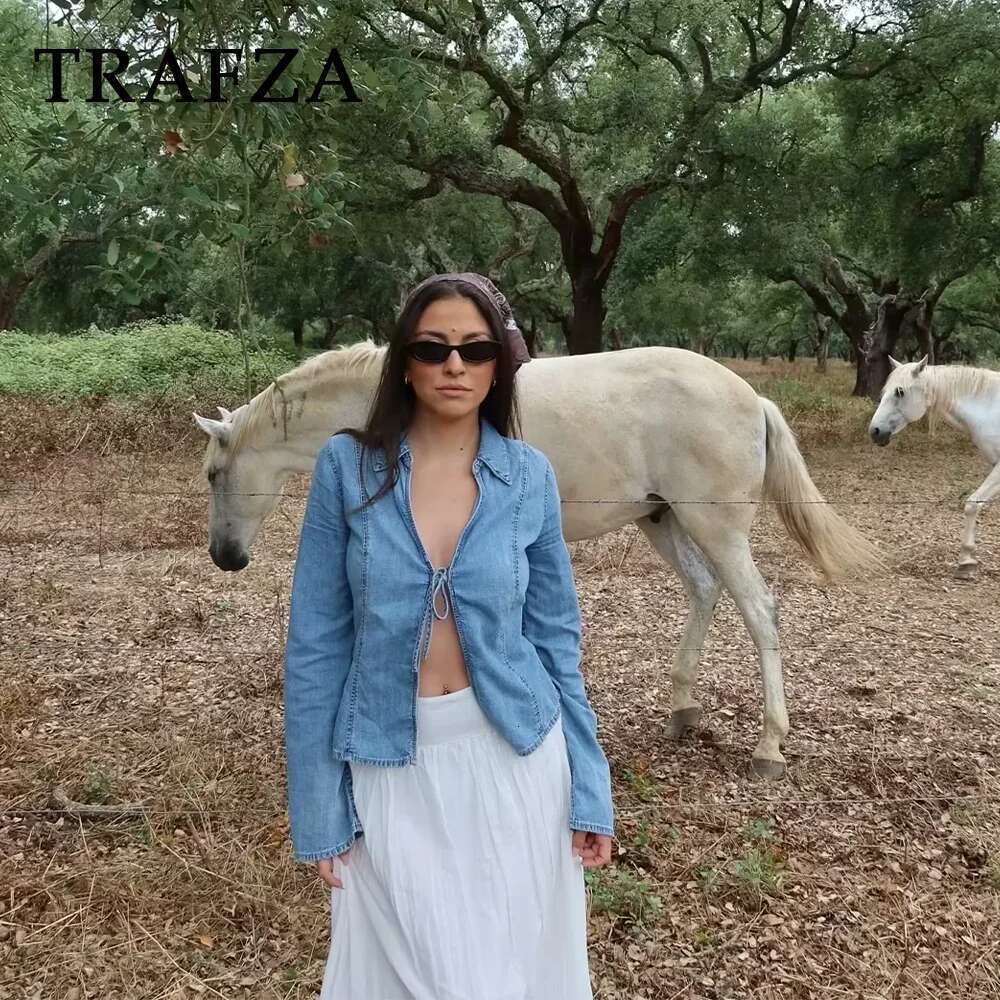 TRAFZA 2025 Spring Summer Casual Women Denim Fashion Streetwear BOWtie Solid Turn-down Collar Chic Open Shirts