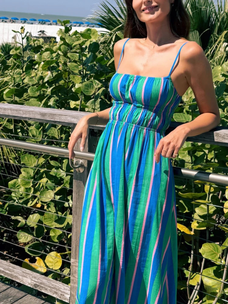 2025 Summer Fashion Womens Elegant Beach Vacation Dress with Strap Printing Stripe Casual Long A-line Dress 250428