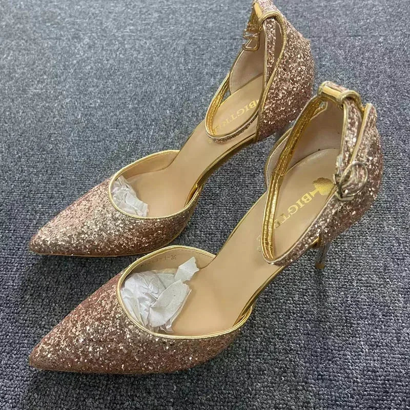Women Sparkly Summer Mid Kitten Heels Sequins Sandals Lady 7.5cm 9.5cm High Heels Glitter Classic Ankle Strap Banquet Sandles 250428