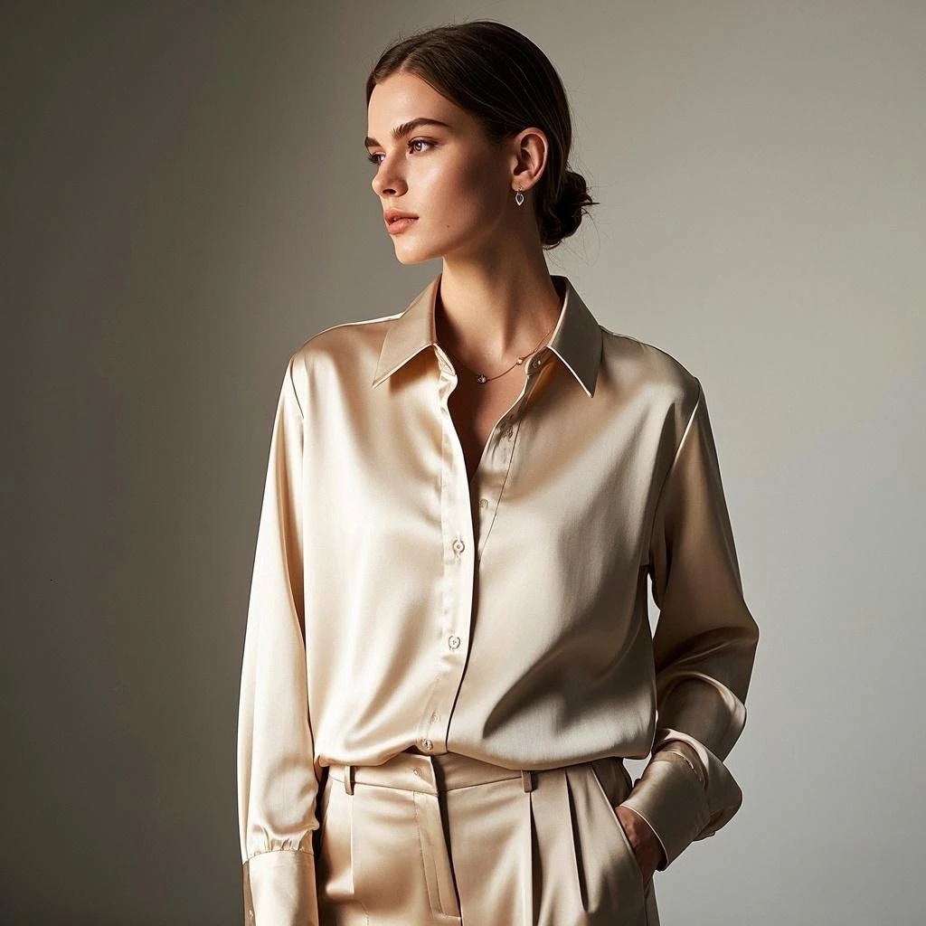 Korean Office Womens Trendy Casual Shirt Elegant Satin Multi Color Basic Ultra Thin Solid Full Match Top French Style 250422