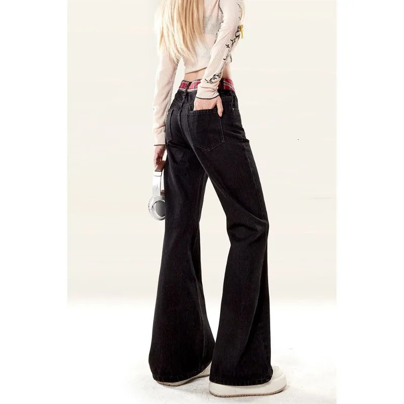 American retro patch red checkered zipper womens jeans Y2k autumn high waisted ultra-thin straight leg micro flash pants 250423