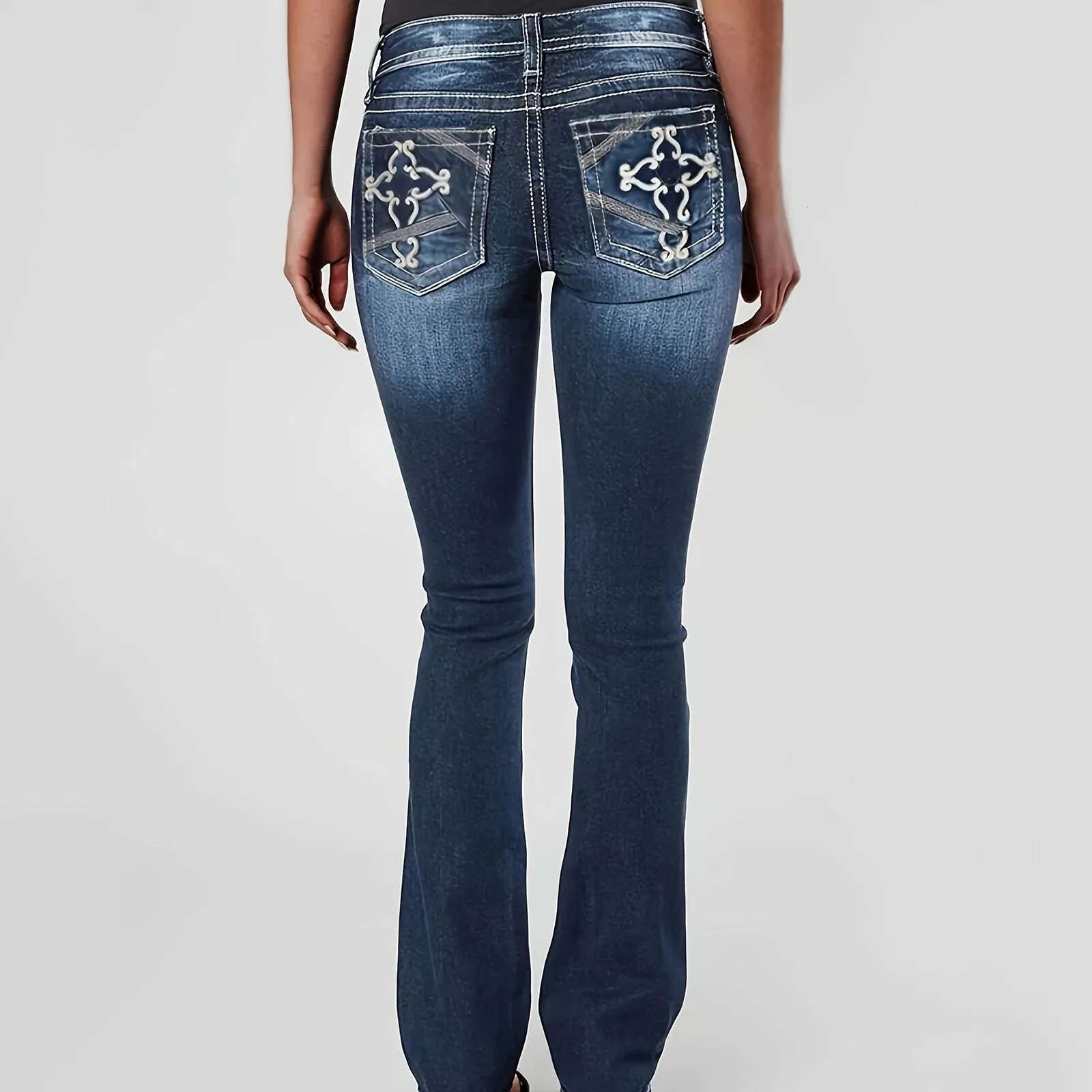 Womens Waisted Leg Women's Bootcut Mid Rise Insta Stretch Juniors Jeans Retro Straight Loose Denim Trousers