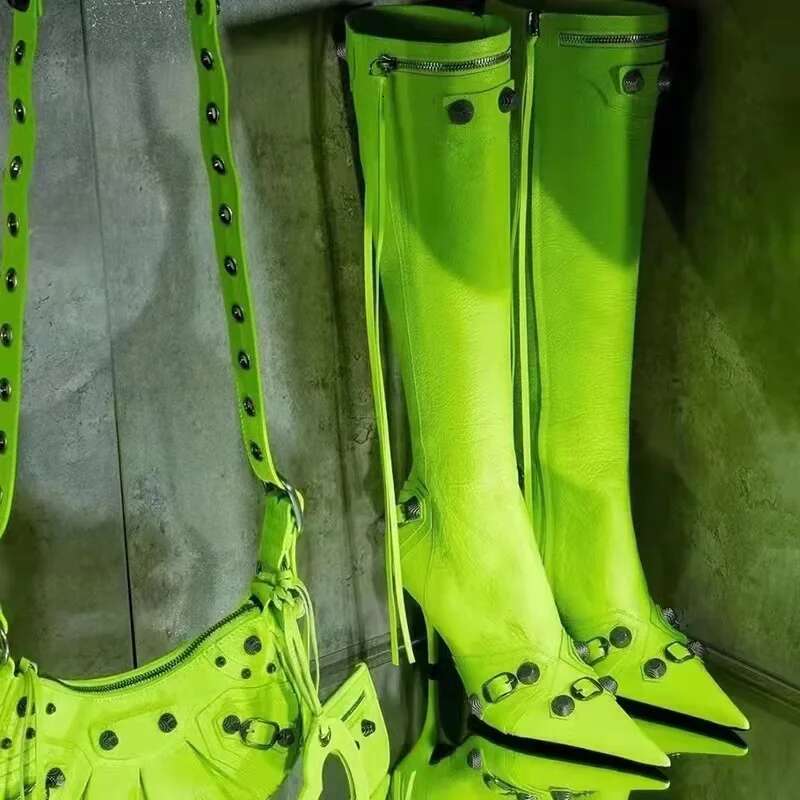 New Metal Buckle Knee Pointed Button High Heels Studded Zip up Boots Catwalk Party Punk Shoes Women