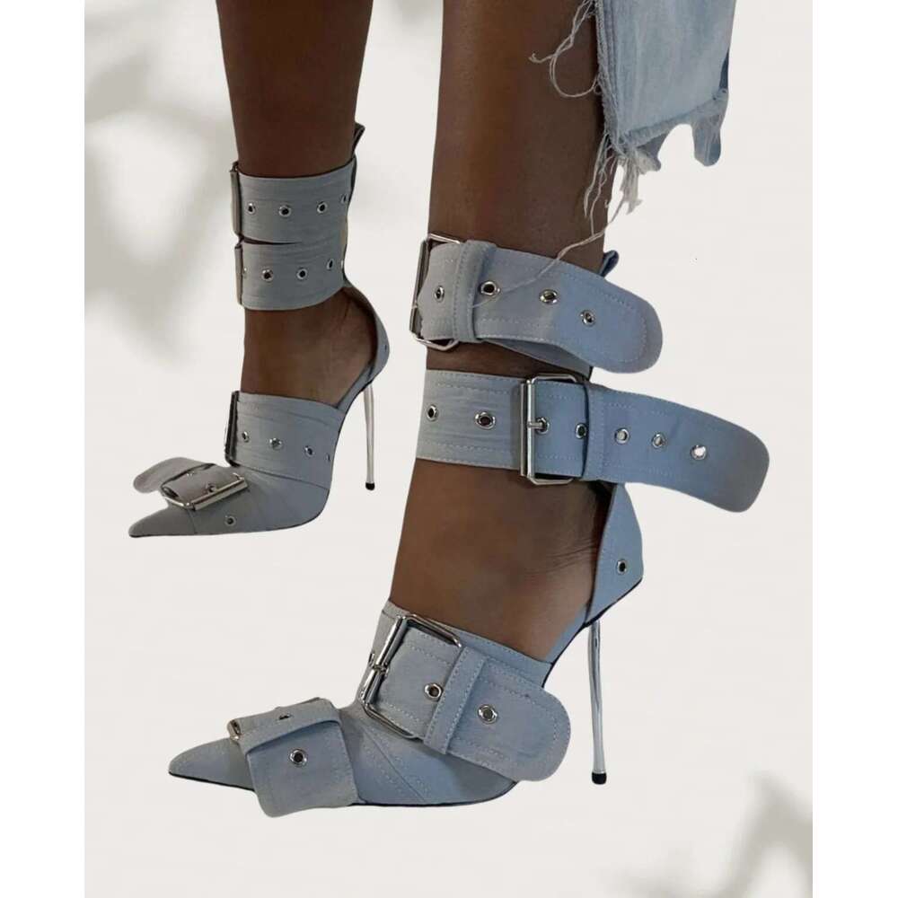 Fashion Pointed High Heels Rivet Buckle Strap Sandals Metal Cutout Boots Sexy Punk Brand Designer Women Shoes