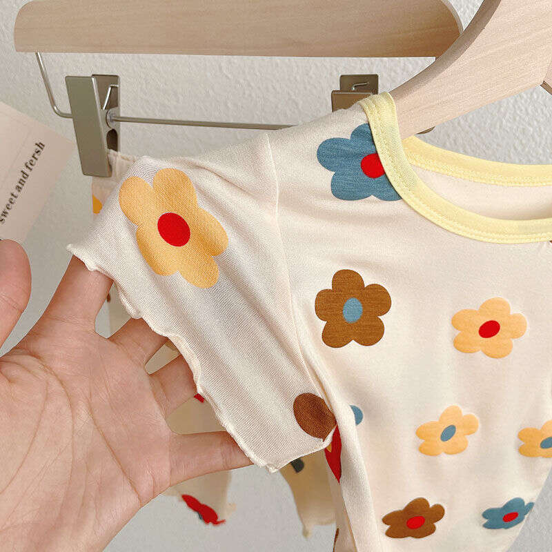 Girls' Set, Air Conditioning Suit, Ice Silk Soft Sleepwear, Summer Thin Design, Stylish Korean Style Short Sleeved Home Outfit For Baby Girls