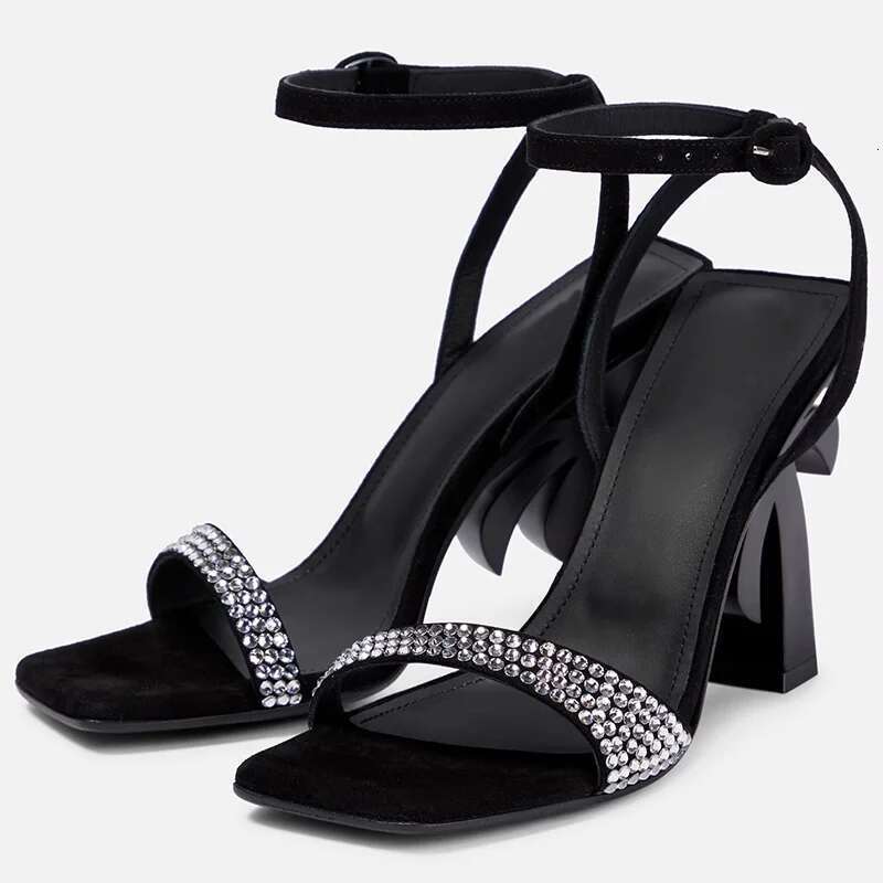 New Dia Crystal Ankle Strap High Fashionable Sandals Special Shaped Heels Open Party Women Shoes