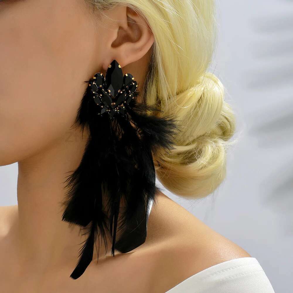 Multicolor Long Feather Dangle Earrings For Women Shiny Colorful Crystal Glass Fashion Pendant Wedding Prom Jewelry Accessories