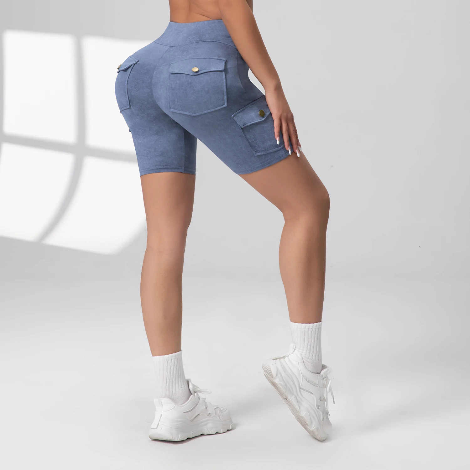 Womens multi flap pocket tie dye cargo shorts long legs high waist slim fit bicycle leisure home sports 250425