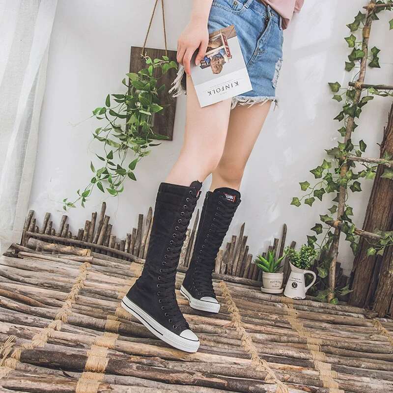 Spring and Autumn New Round Toe Heightening Casual Lace-up Soft Sole High-top Flat Daily Large Size Canvas Women's Shoes