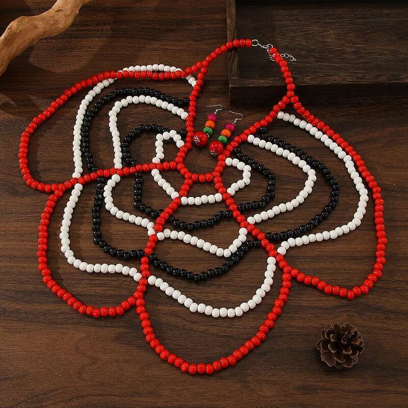 Ethnic Black White Red Butterfly Shape Necklace & Earrings Set Multi Layer Wooden Beads Wood Jewelry Sets For Women Girl