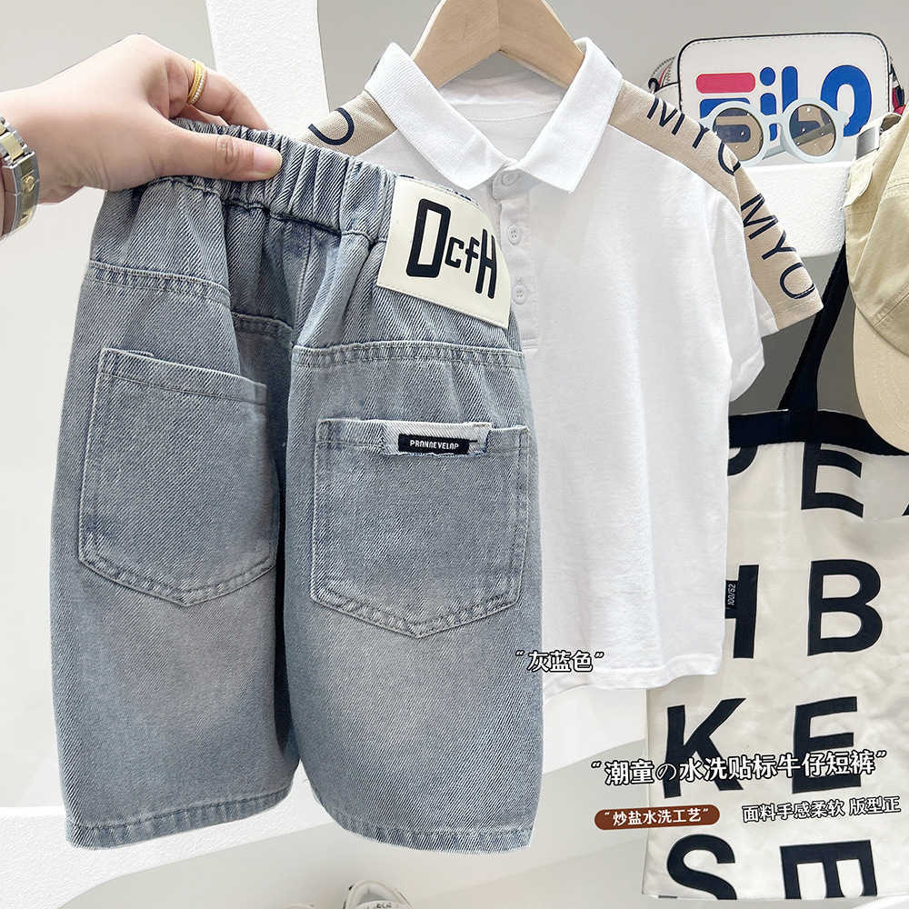 Summer 2025 Childrens Clothing Boys and Childrens Korean Version Trendy and Western-style Denim Shorts Cropped Pants Y250430N5DO