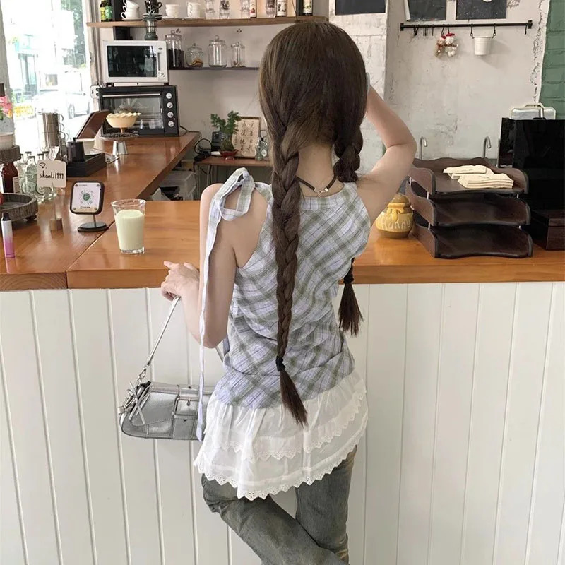 Fashion Two piece Long Vest Womens Sweet and Cute Ruffle Patch Work Top Womens Retro Plain Strapless Vest Summer 250427