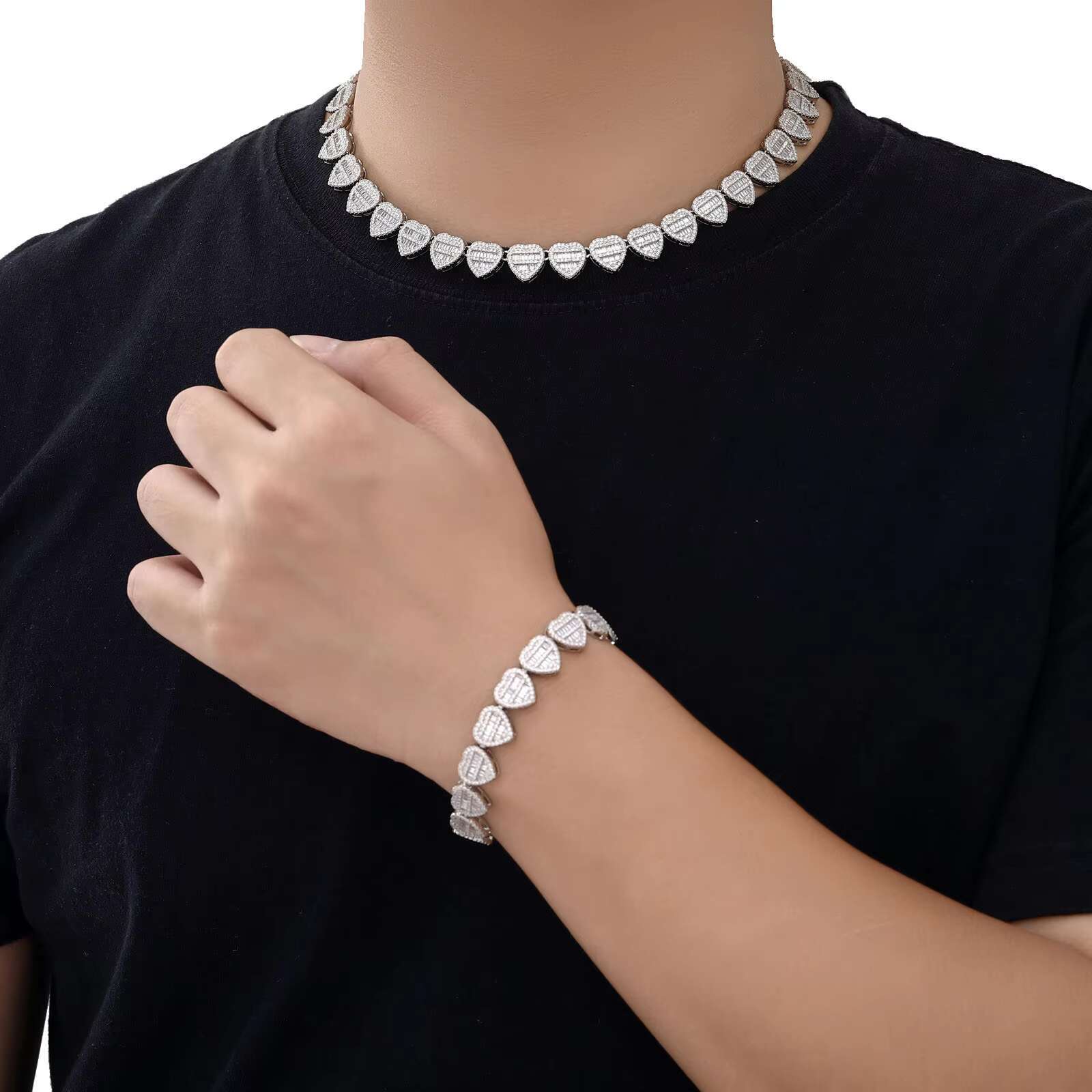 Hip Hop Style 12mm Heart-Shaped Tennis Chain Necklace with Iced Zircon Gold Plated Bracelet Fashion Jewelry for Mens Parties