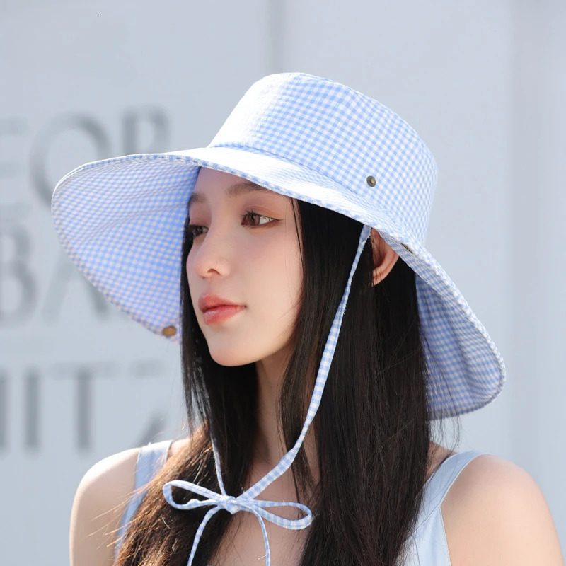 Womens bucket hat plain wide Brim sun hat with windproof rope sun hat bicycle travel fisherman hat South Korea 250430