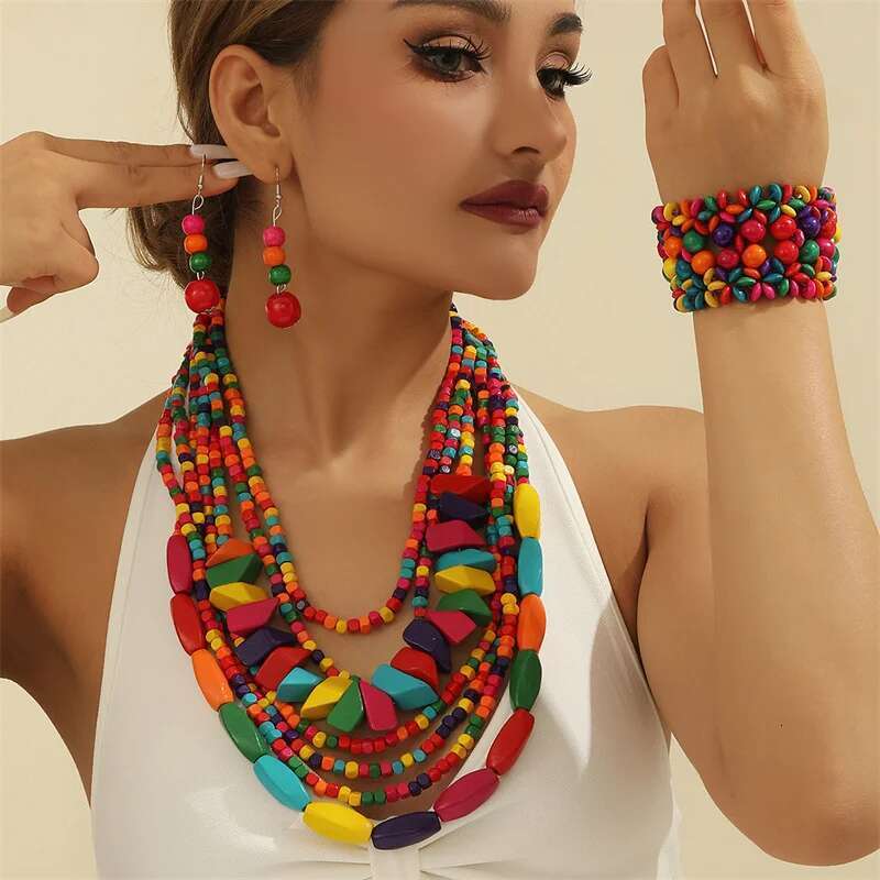 Boho Multilayer Big Colorful Wood Set Geometry Necklace Earrings Sets Nigerian Wedding Indian Africal Beads Jewelry Gift