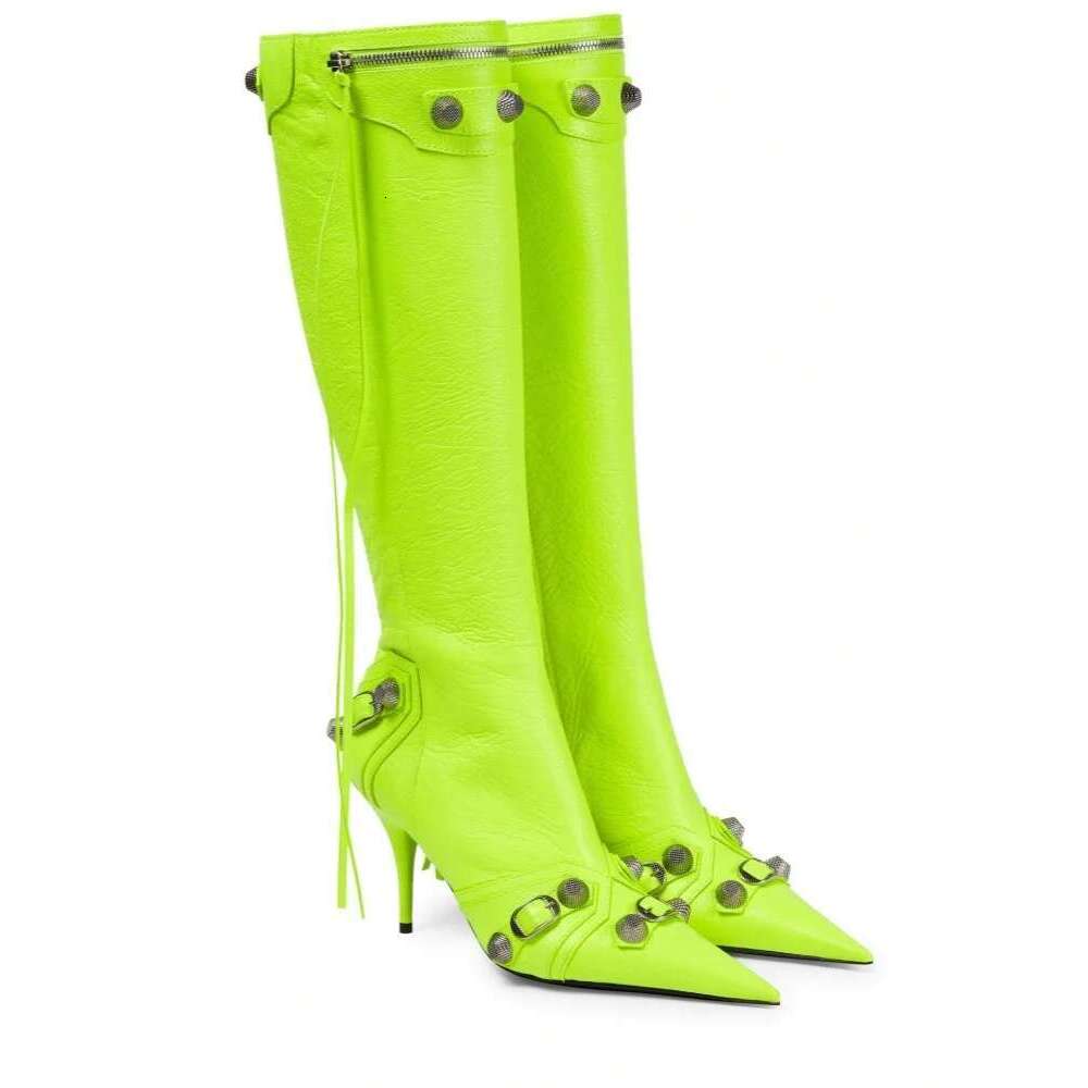New Metal Buckle Knee Pointed Button High Heels Studded Zip up Boots Catwalk Party Punk Shoes Women