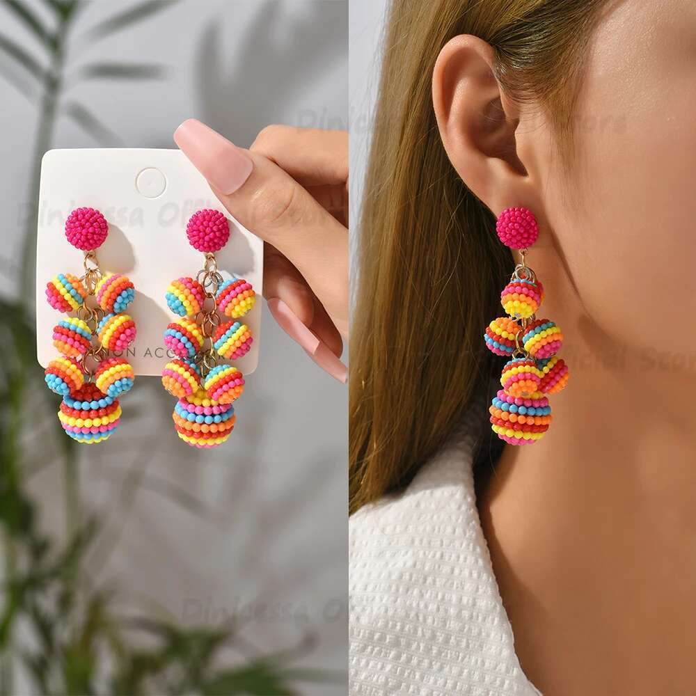 Fashion Colorful Ball Full Beaded Acrylic Dangle Earrings For Women 2022 Trend New Boho Design Pendientes Party Jewelry