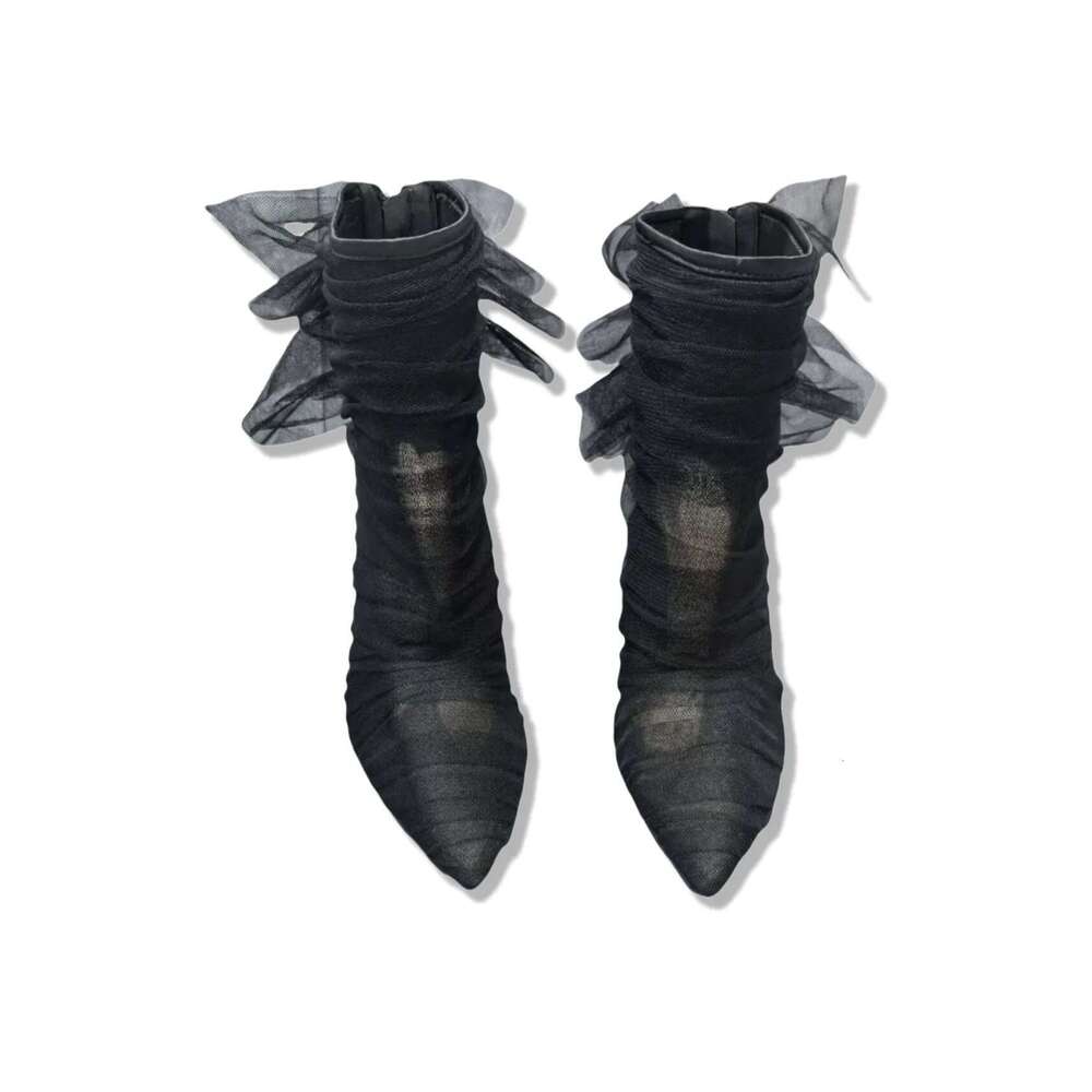 Pointed Zipper Ankle Boot 10cmHeels Ladies Low BootS Mysterious and Sexy Shoes Black Lace Boots For Woman