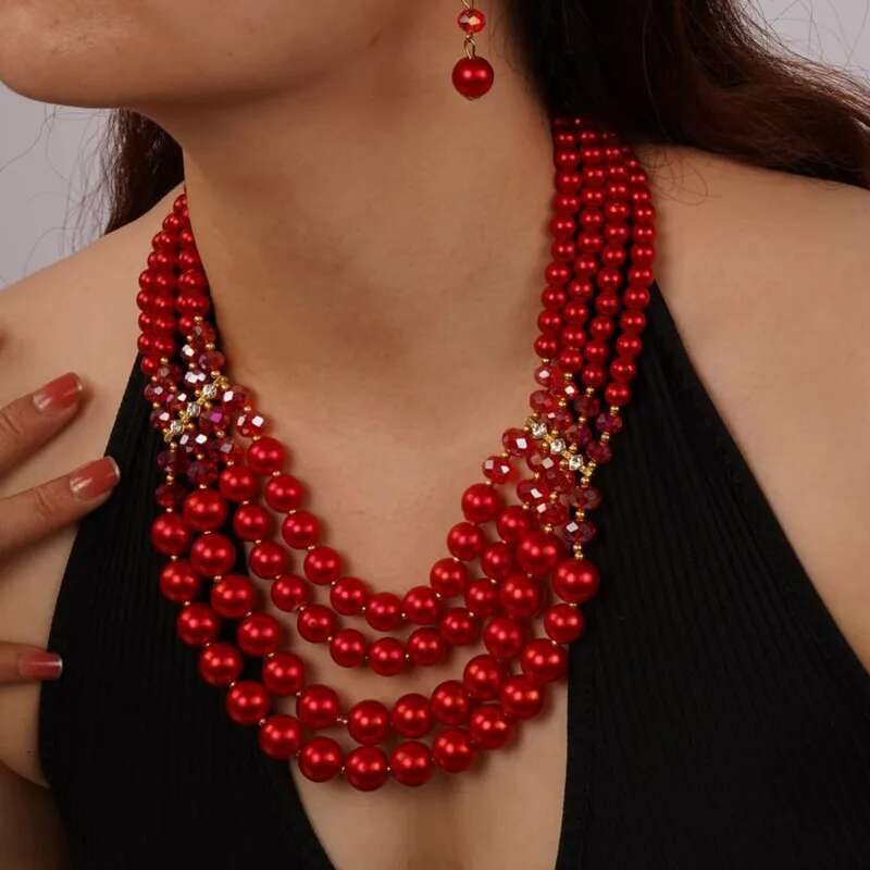 New Fashion Multi-Layer Handmade Imitation Pearl Crystal Beaded Necklace And Earring Jewelry Set For Women Party Accessories