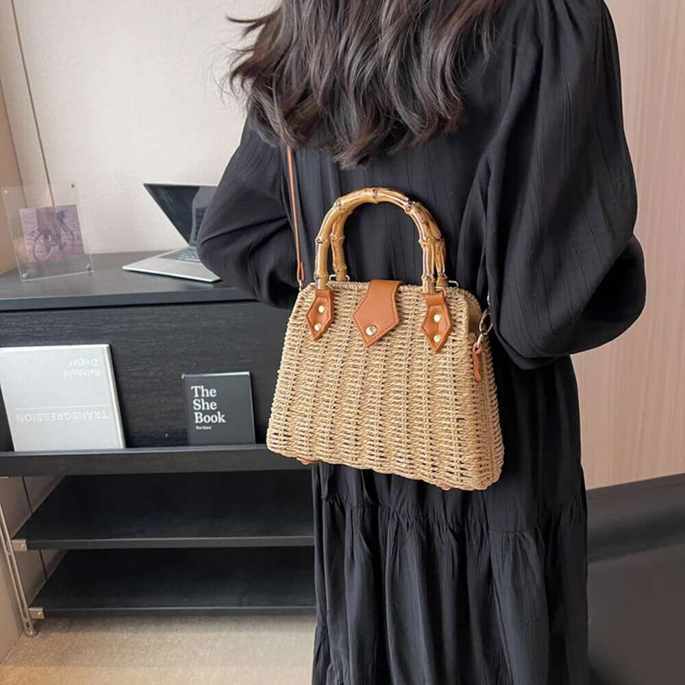 Summer Straw Basket For Women 2023 Bamboo Handle Rattan Handbags Beach Shoulder Crossbody Bag Travel Woven Bags Bohemia