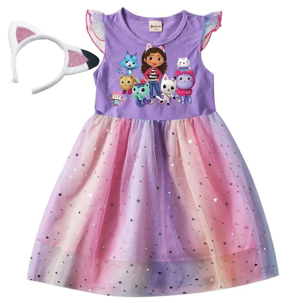 Baby Girls Children Cartoon Mesh Star Sequins Princess Dress Kids Flying Sleeve Skirt For Daily Halloween Birthday Gift