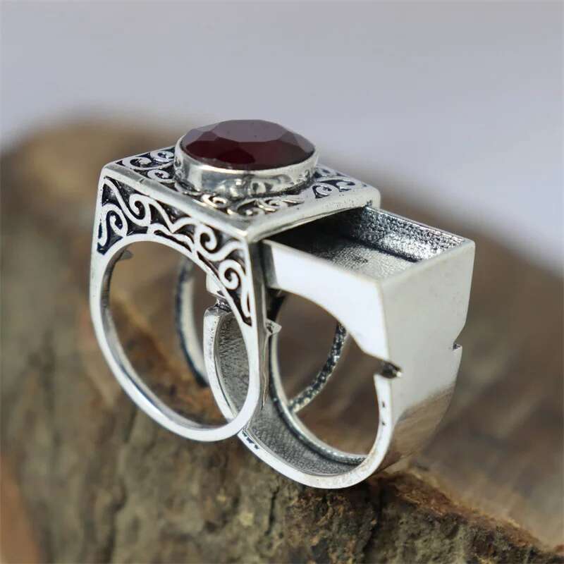 Dazzling Vintage Sier Color Round Men Rings Set Fashion Red Stones Party Bridal Ring Jewelry