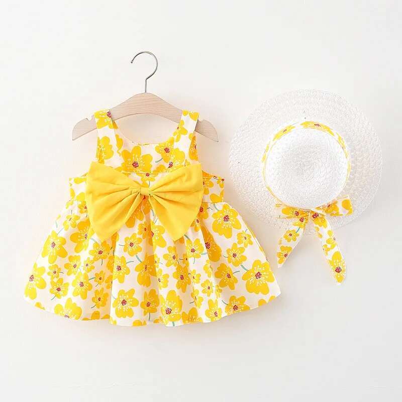 Summer Newborn Baby Toddler Girl Clothes Cotton Beach Suspender Dress+Sun Hat Princess Dresses