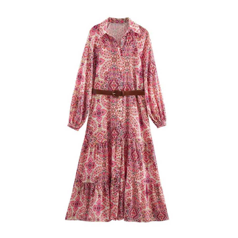 BM MD ZA Womens Long Sleeve Skirt with Classic Collar Full Pink Paisley Print and Fashionable Brown Belt W250430