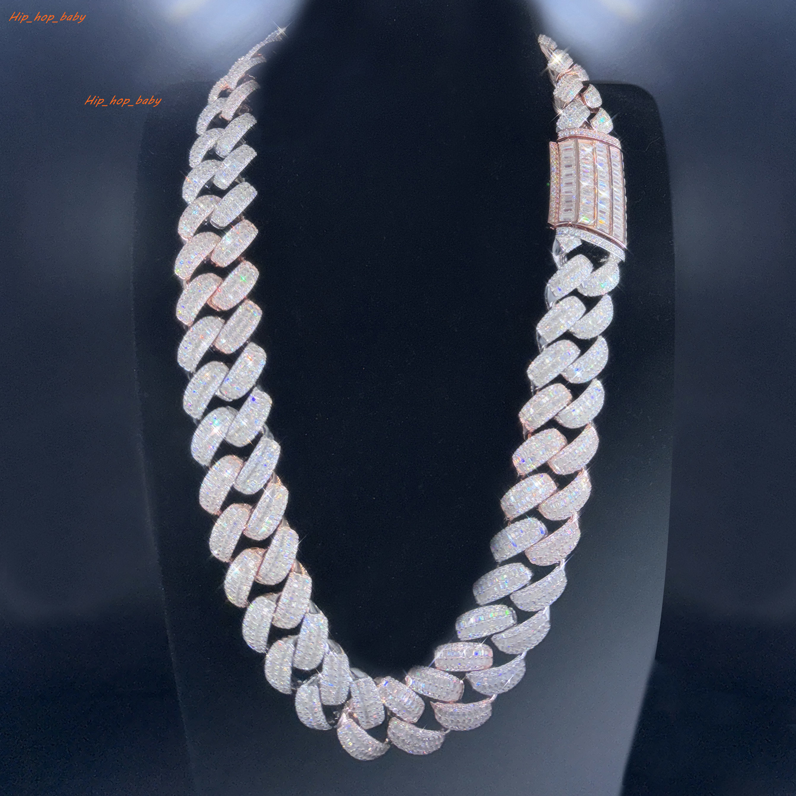Luxury Hip Hop Jewelry 20mm Iced Out Cuban Rose Gold Two Tone Baguette Cut Moissanite Cuban Link Chain