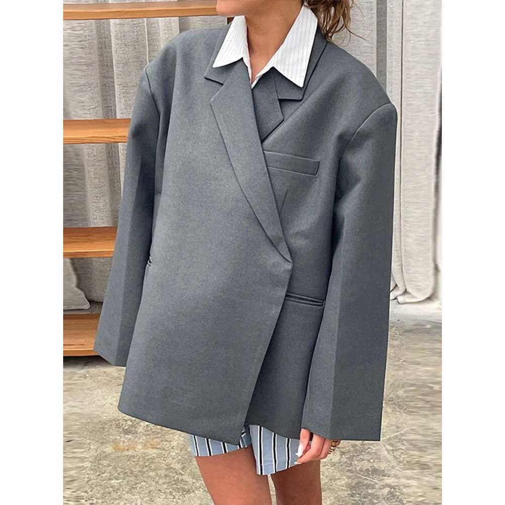 Oversized Solid Women Coat Long Sleeve Double Button Female Jacket 2025 Fashion Spring Notched Side Slit Shoulder Pads Lady Tops