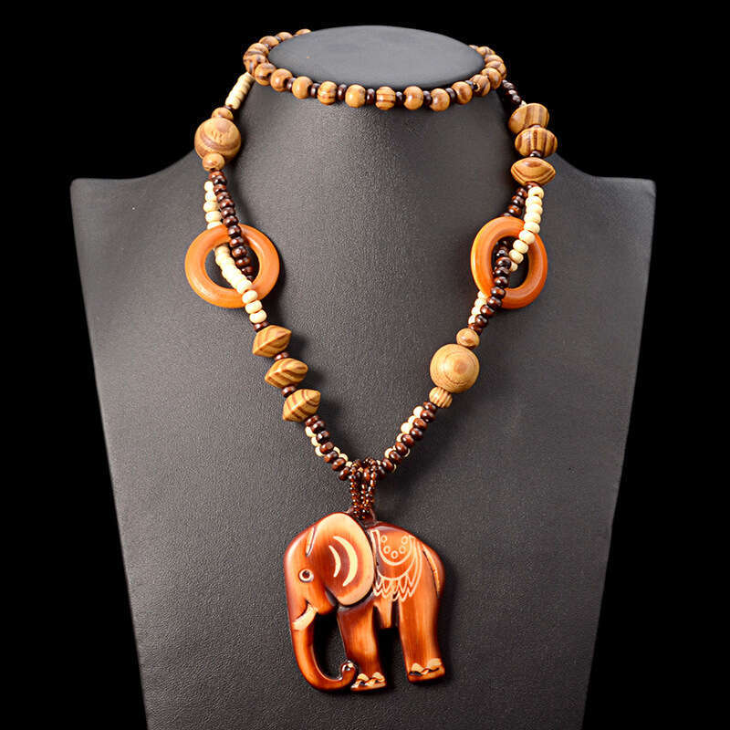 Bohemian Fashion Ethnic Style Long Necklace, Wooden Elephant Pendant, Sweater Chain, Men's And Women's Accessories