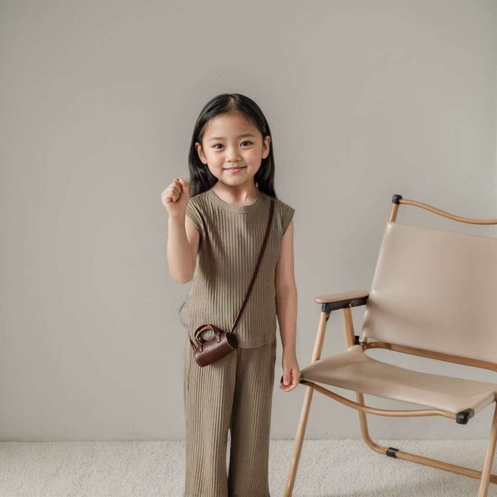 Girls' Summer Dress 2025 New Small And Medium Sized Ice Thread Sleeveless Tank Top Pants Casual Two Piece Set