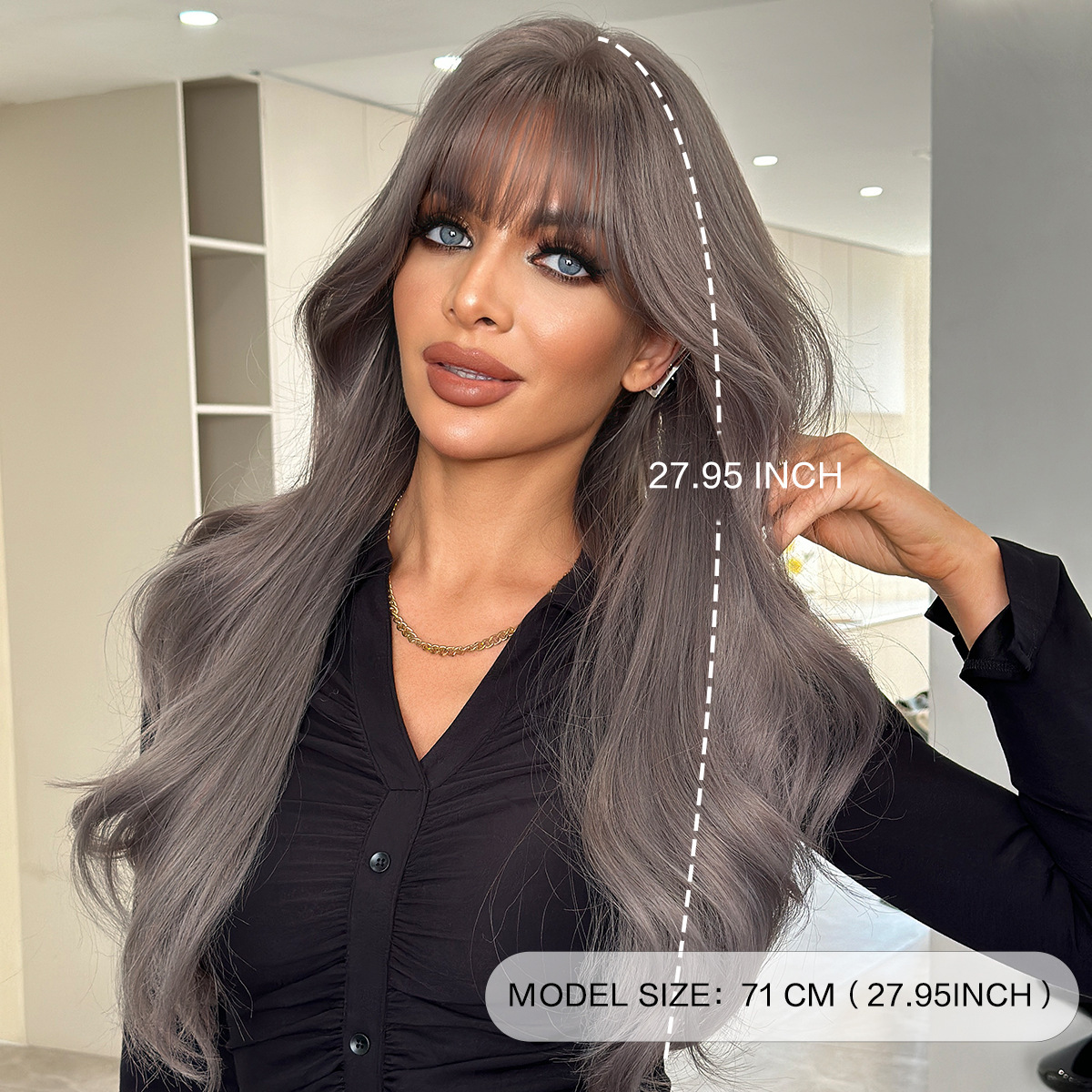 wig New for women gray purple long curly hair with wavy bangs high-quality wig natural full head cover