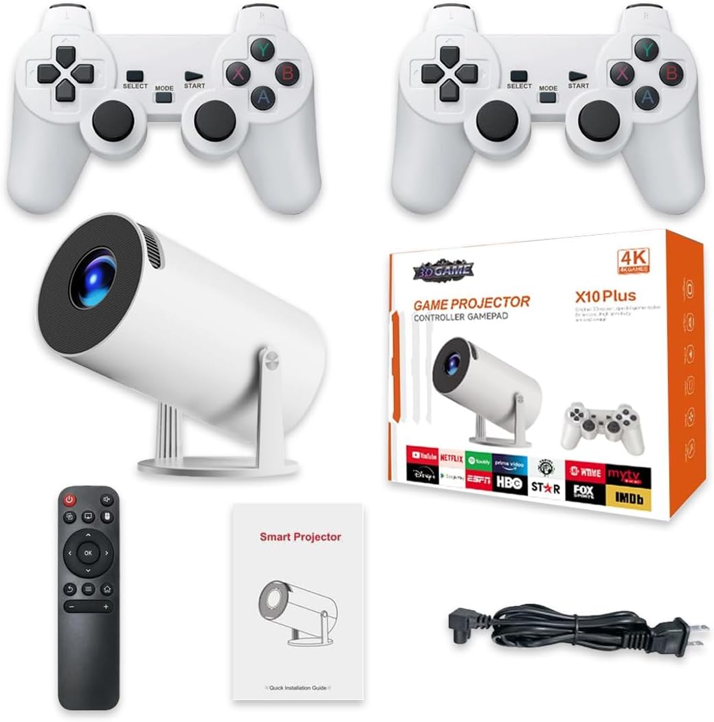 X10 Plus Retro Game Console with Projector, Plug and Play TV Video Game Stick, 4K HD Portable Projector with 10000+ Games, 2.4g Wireless Controllers, 