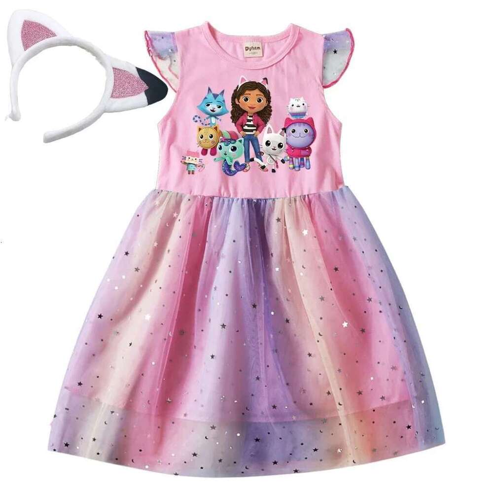Baby Girls Children Cartoon Mesh Star Sequins Princess Dress Kids Flying Sleeve Skirt For Daily Halloween Birthday Gift
