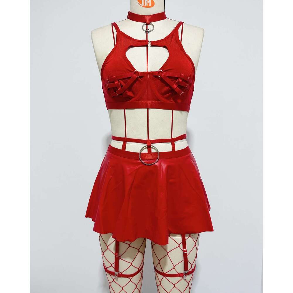 Sexy Underwear Lace Sexy Lingerie Bra Set Solid Color Leather Skirt Mesh Socks For Women