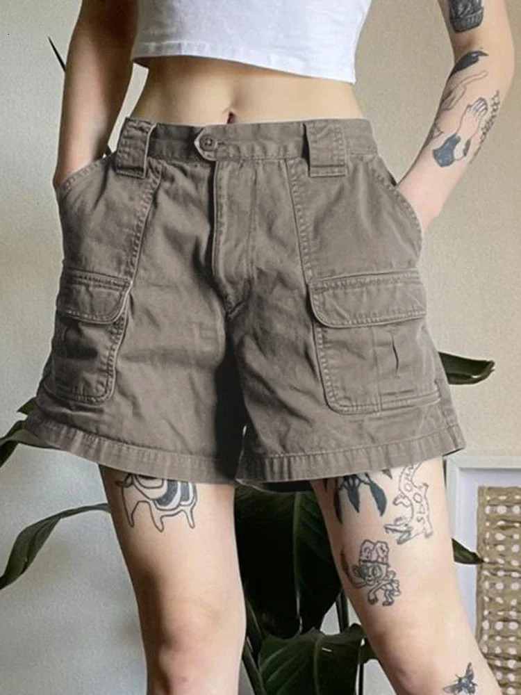 Retro Pocket Patch Cargo Jeans Shorts Womens Low Waist Y2k Harajuku Denim Shorts Street Clothing Solid Tight Women 250427