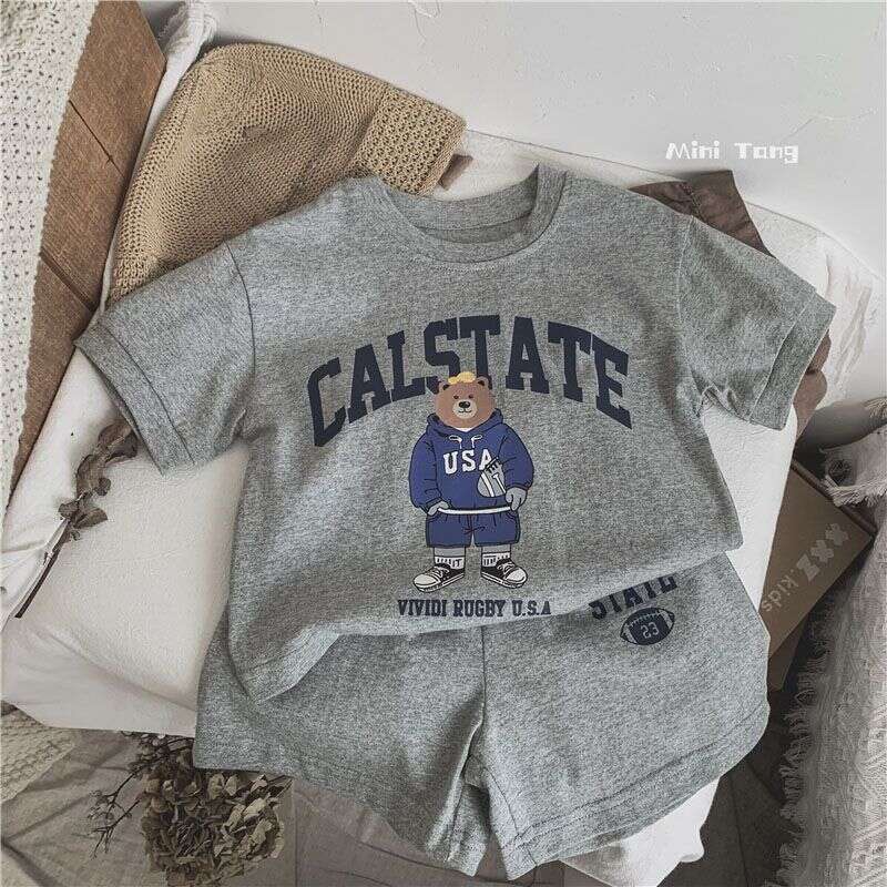 Korean New Children's Cartoon Cute Letter Short Sleeved T-Shirt Shorts Boys And Girls Two Piece Set For Thin Summer
