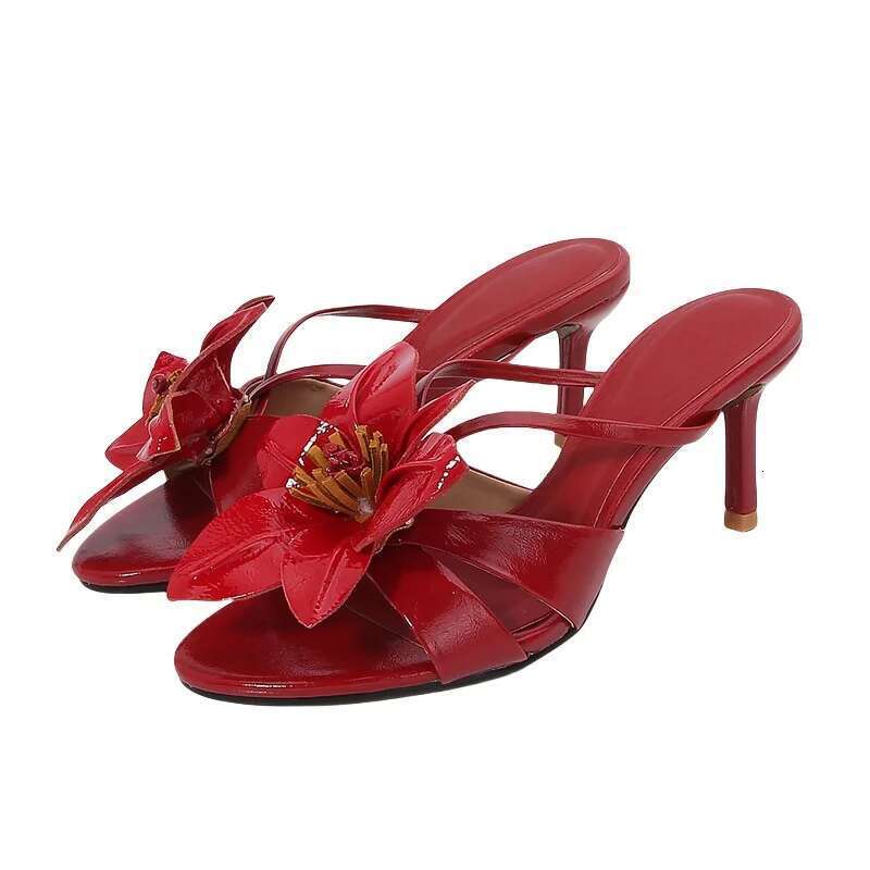 Sexy Open High Heels Flower Round Toe Sandals Comfortable Mules Fashion Slip on Women Party Banquet Shoes