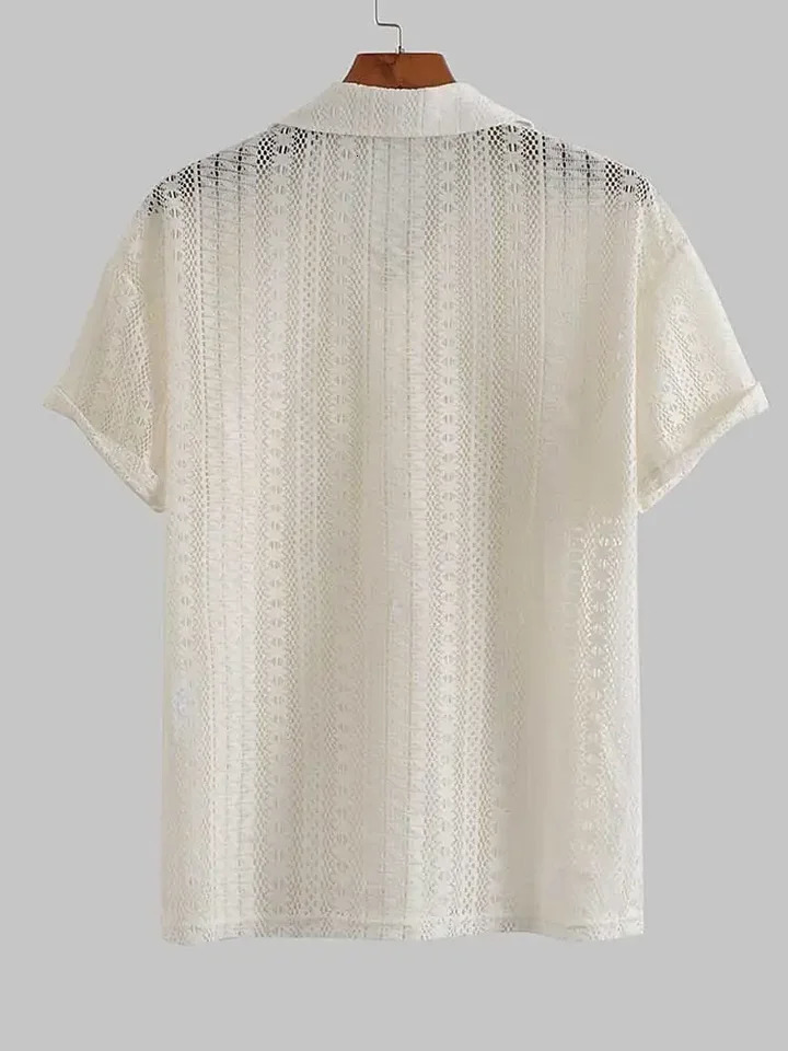 cotton open mens shirt sexy lace short sleeved shirt transparent shirt summer solid streetwear top beach shirt 250427