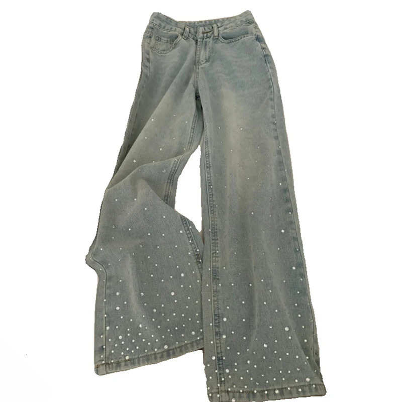 Womens rhinestone wide leg jeans Korean fashion light blue straight denim pants simple daily outfit with loose 250428