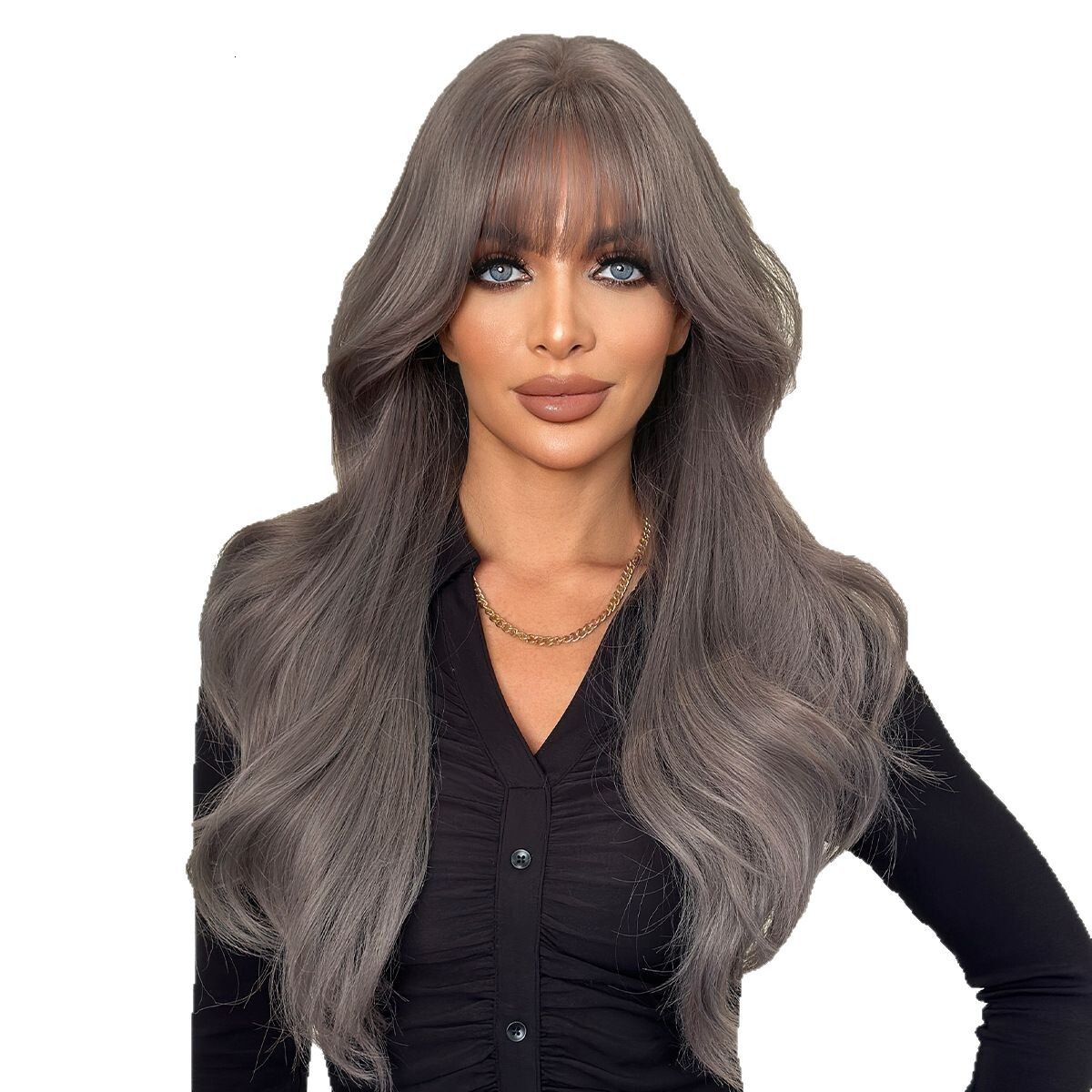 wig New for women gray purple long curly hair with wavy bangs high-quality wig natural full head cover