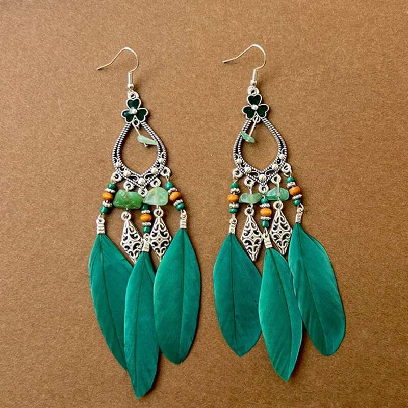 Green Natural Style Water Drop Feather Earrings For Women Vintage Boho Long Rhinestone Crystal Dangle Earring Vacation Jewelry