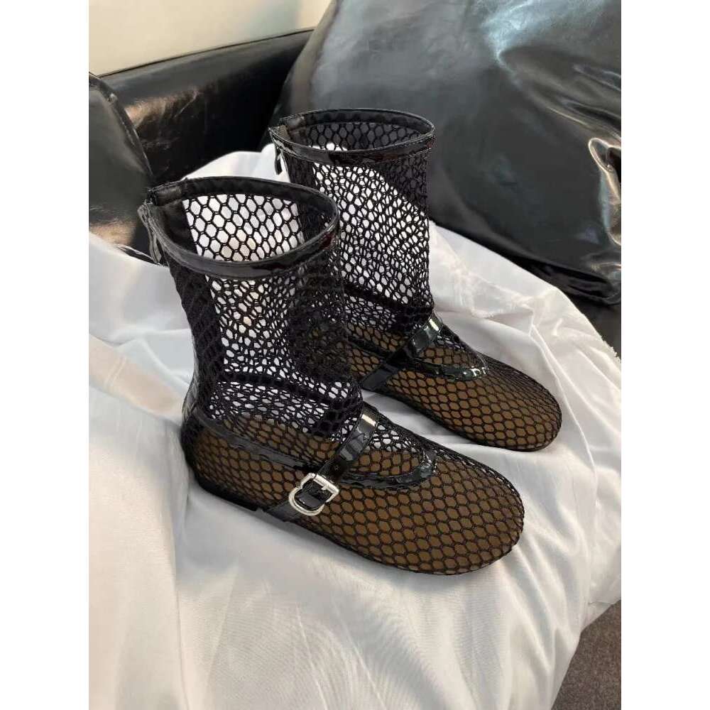 Breathable Hollow Sandals Women's Round Toe Zip Back Boots New Fashion Designer Flat Mesh Casual Shoes Women