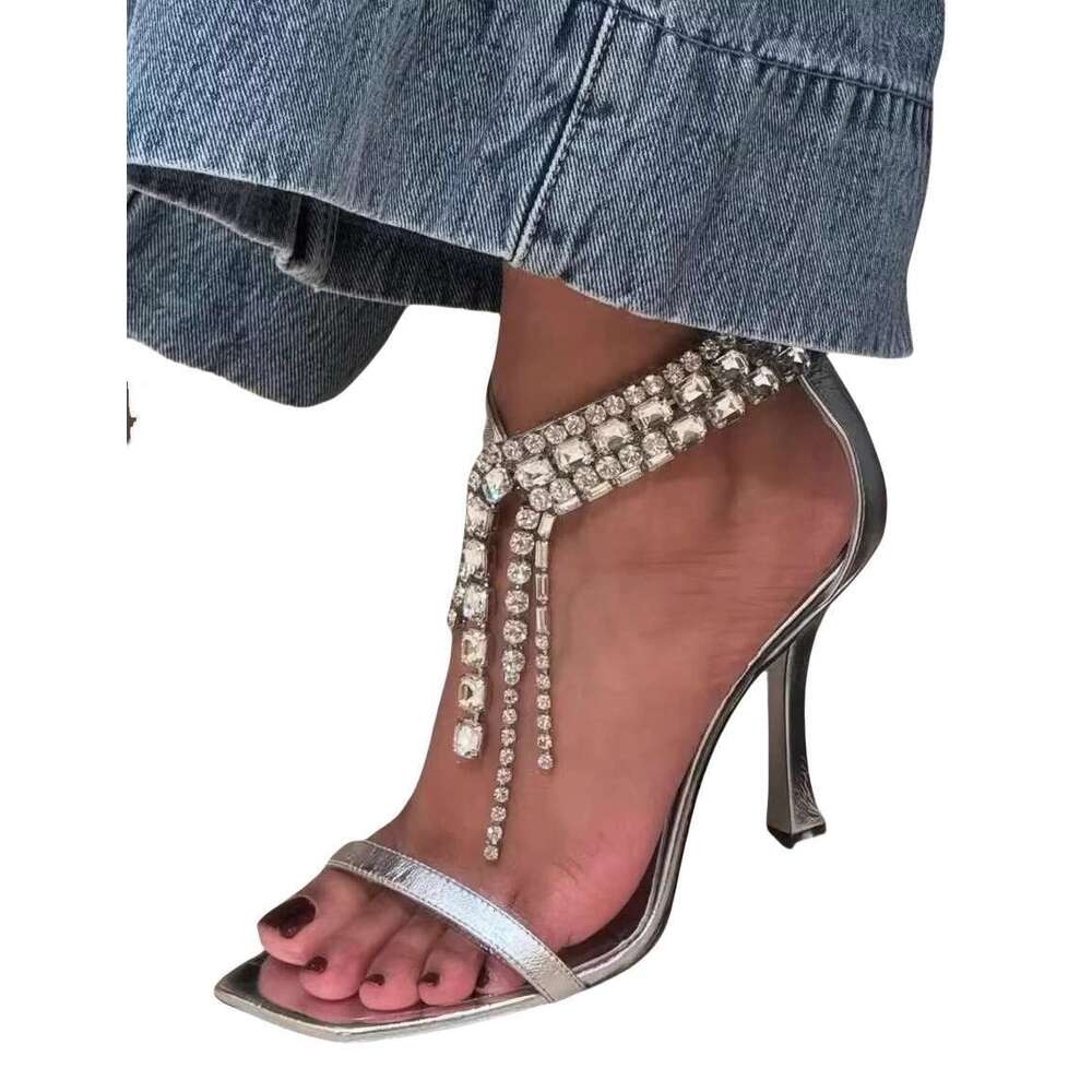 Brand Designer Rhinestone High Shiny Chain Sandals Elegant Buckled Stiletto Heels Pointed Open Toe Women Shoes