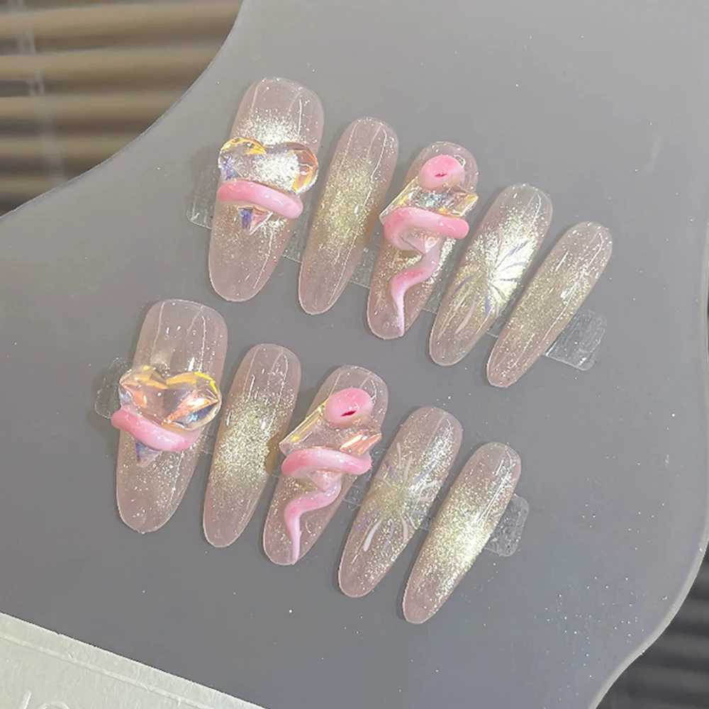 10 Swt Cool Long Coffin Almond Handheld Wearable Nails 3D Flower Snake Silver Mirror Powder Bow Party Nail Stickers H25429
