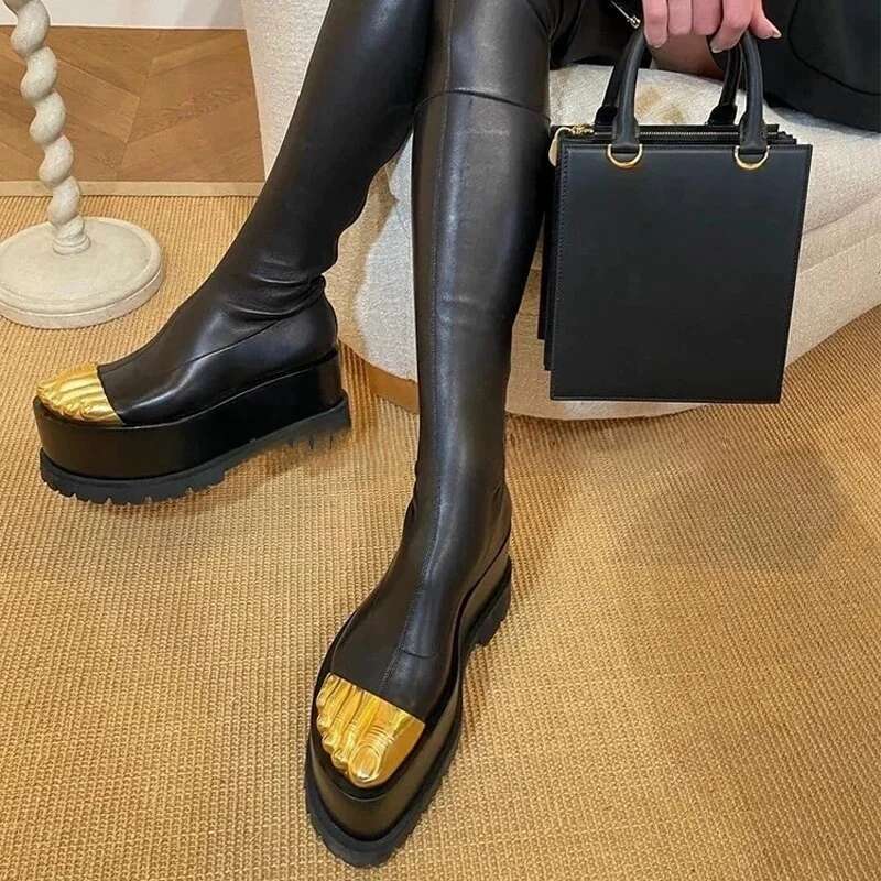 New Gold Five Finger Ankle Thick Sole Catwalk Over The Knee Novel Design Shoes Long Elastic Tight Boots Women